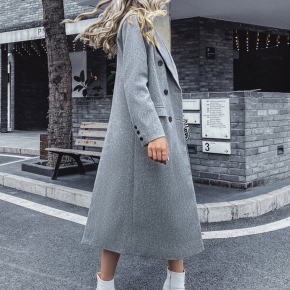 Classic Grey Button up Double Breasted Long Jacket Coat - Picture 5 of 6